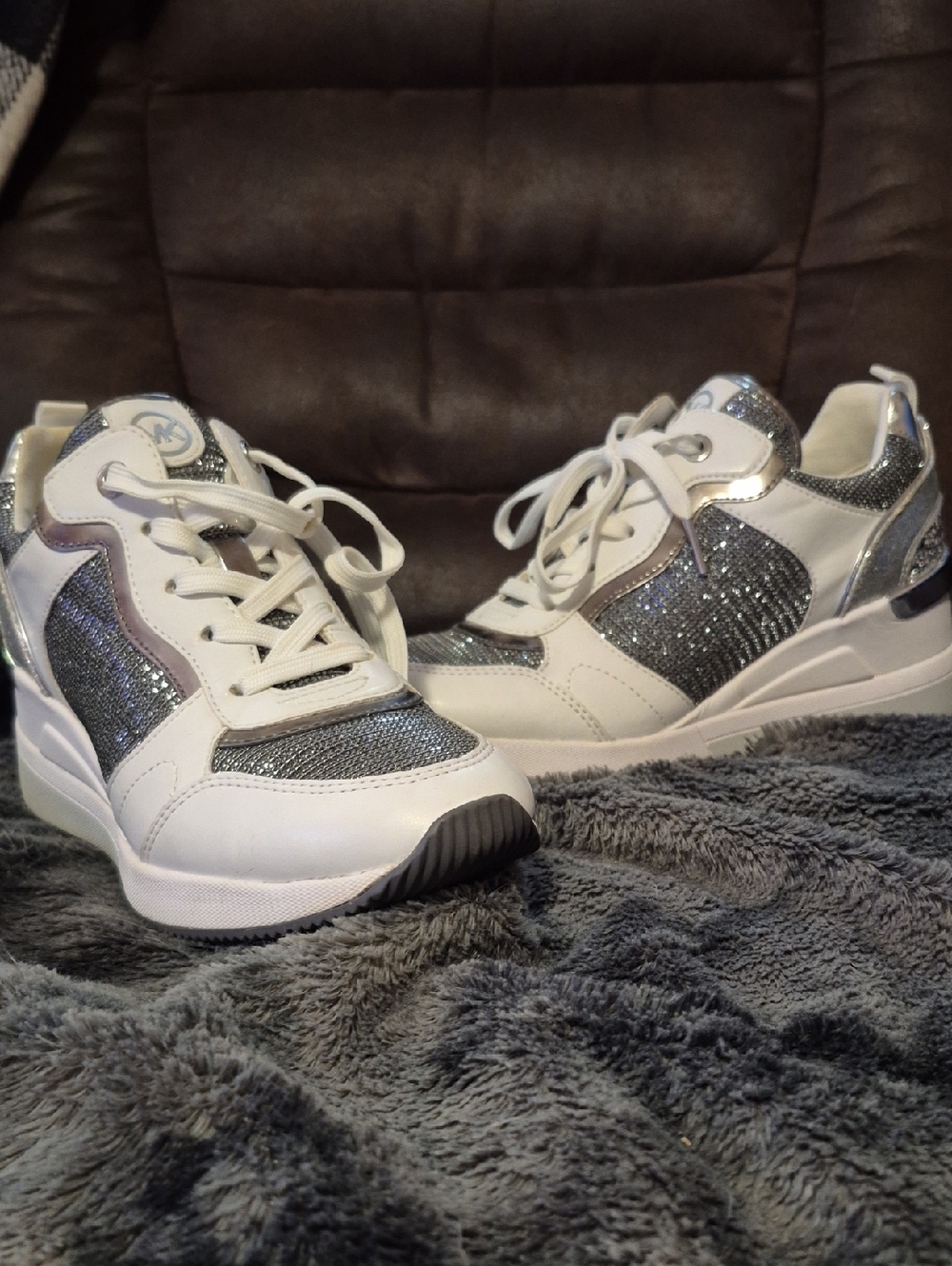 Michael Kors White and Silver Glitter Platform Lace-Up Sneakers
